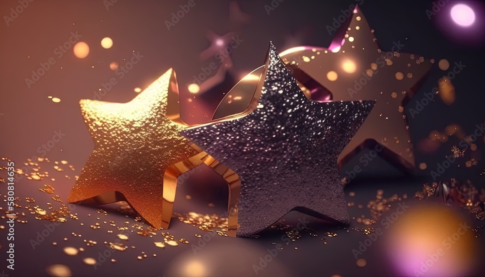 Poster  a group of shiny stars on a dark background with a blurry light around them and a few other shiny stars in the background with a blurry light.  generative ai