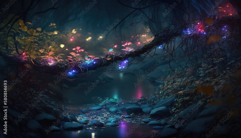 Poster a painting of a stream of lights in a forest with rocks and trees in the foreground and a stream of 