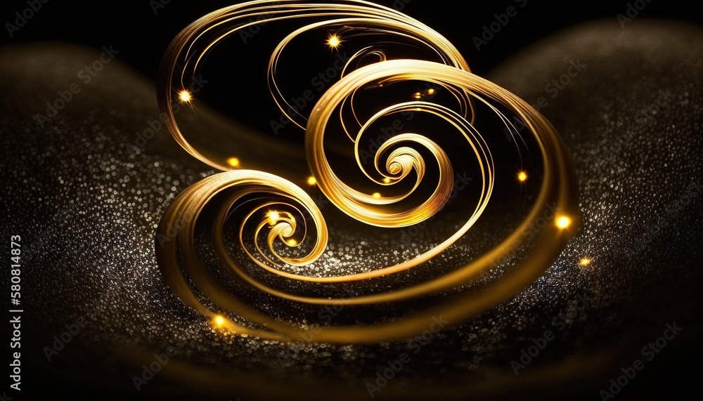 Poster a golden spiral on a black background with some lights around it and a black background with some li