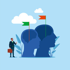 Next level improvement, training and mentoring, pursuit. Human head and flag. Flat vector illustration
