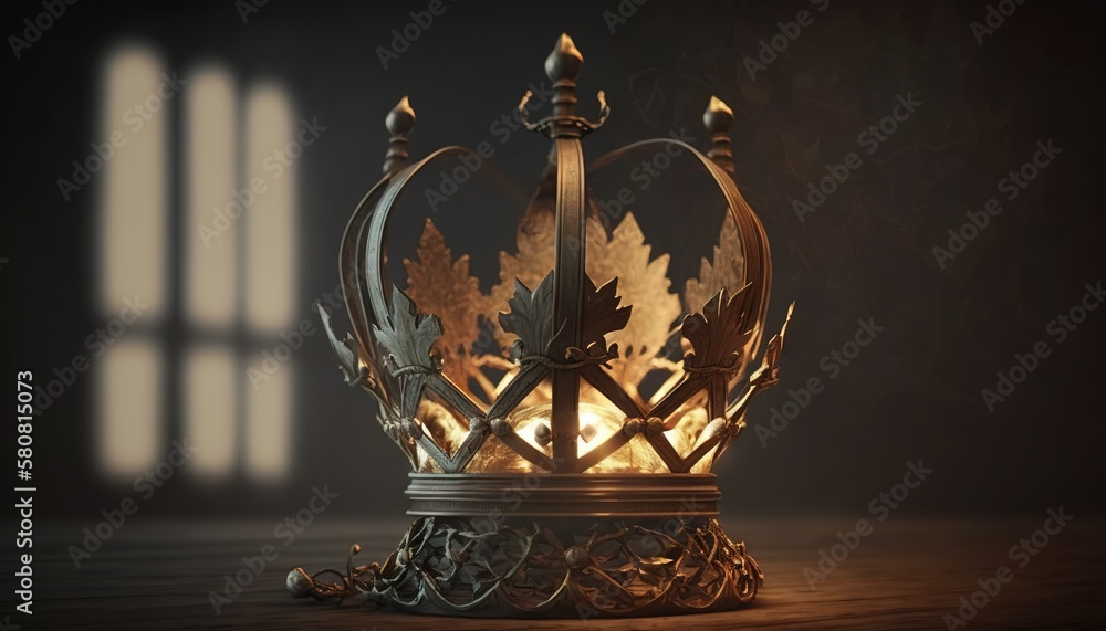Aufkleber a golden crown with a lit candle inside of it on a wooden table in front of a window with bars of li