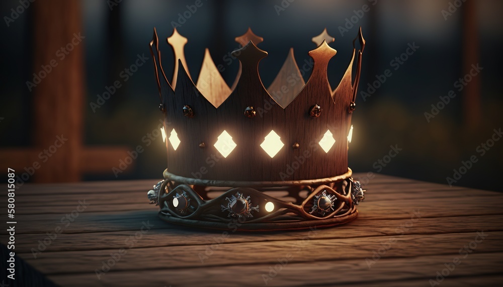 Poster a wooden table with a lit up crown on it's top and a window in the background with a curtain in the 
