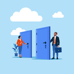 Business people holding handle and opening apartment or office door. For entrance, home, exit, challenge, opportunity concept. Flat vector illustration