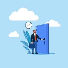 Businessman holding handle and opening apartment or office door. For entrance, home, exit, challenge, opportunity concept. Modern vector illustration in flat style