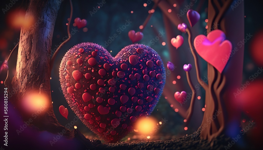 Poster a heart shaped object in the middle of a forest filled with trees and hearts floating in the air, su