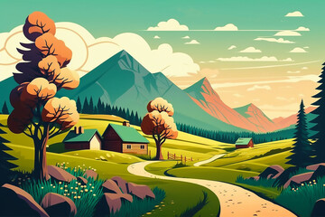 A painting of a landscape with a house and trees, poster art, digital illustration, color field, 2d game art, wallpaper, story book illustration landscape background generated ai