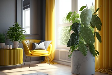 Green lush Indoor plants in the yellow gray living room. Potted plants decoration. Home garden. Urban jungle. Generative AI