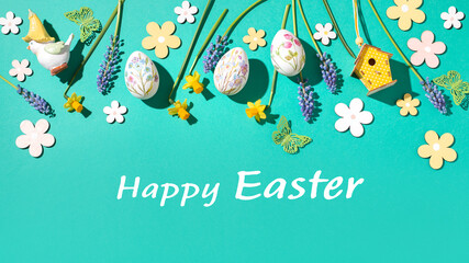 Easter border web banner with flower design eggs, hyacinths, flower decor on spring green background