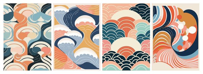 Obraz premium A set of backgrounds for text, landscape psychedelic hippie art, a frame of stylized waves. 