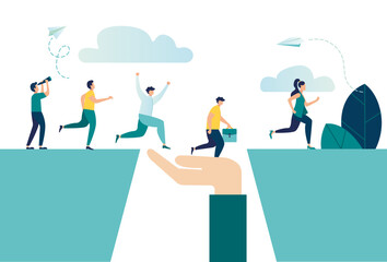 helping hand insurance aimed at goal, increase motivation, way to achieve goal, teamwork, help in overcoming obstacles in  form of support Vector illustration  - Powered by Adobe