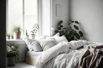 Editorial-Style Bedroom Photo - Low-angle shot of a Scandinavian bedroom with a serene, minimalist vibe, featuring a bed with linen sheets, wooden accents, and plants - Generative AI technology