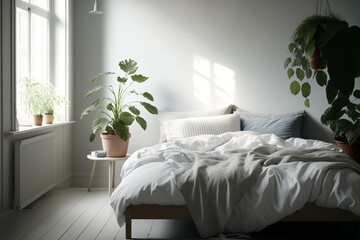 Editorial-Style Bedroom Photo - Low-angle shot of a Scandinavian bedroom with a serene, minimalist vibe, featuring a bed with linen sheets, wooden accents, and plants - Generative AI technology