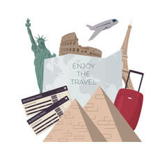 travel concept with landmarks, luggage, map and tickets 