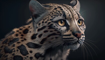Obraz premium Leopard cat, kitten, with bright amber light eyes, beautiful fleecy texture, wild animal in the body of a pet, wallpaper. Generative AI.