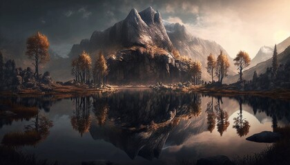 Autumn nature, mountain, forest, lake reflection. Generative AI.