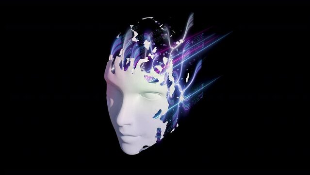 Face of humanization of artificial intelligence with digital wires and network structures, glitch effect . 3D render on black