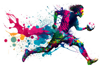 Fototapeta na wymiar football soccer player in action with rrainbow watercolor splash. isolated white background. Neural network AI generated art