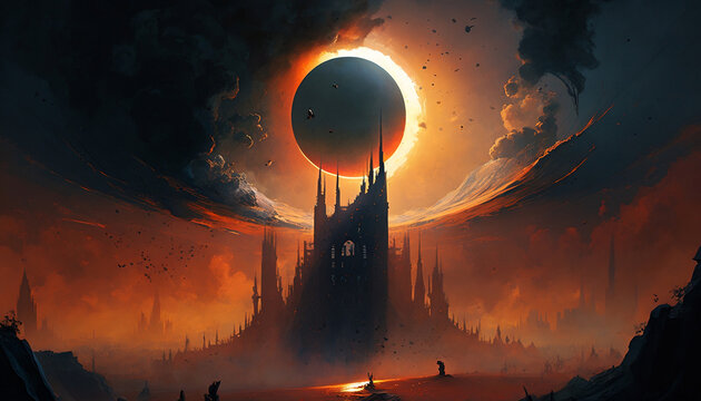 Gothic Castle with Sunsent - Dark, Gothic, Castle, Sunset