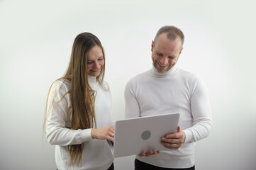 teacher female student laptop Focused woman trainee listening serious teacher mentor businessman...