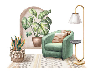 watercolor illustration. Modern cozy home interior with green armchair and tropical plants. Relaxing lounge zone. Room isolated on white background