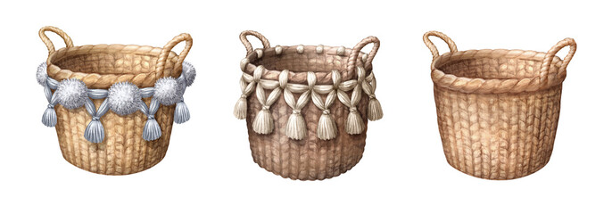 watercolor illustration, rustic wicker basket collection. Home organization concept. Traditional interior decor. Clip art set isolated on white background