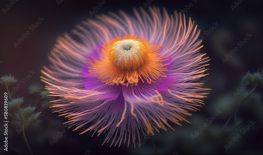 Poster a close up of a flower with a blurry image in the middle of the image and the center of the flower i