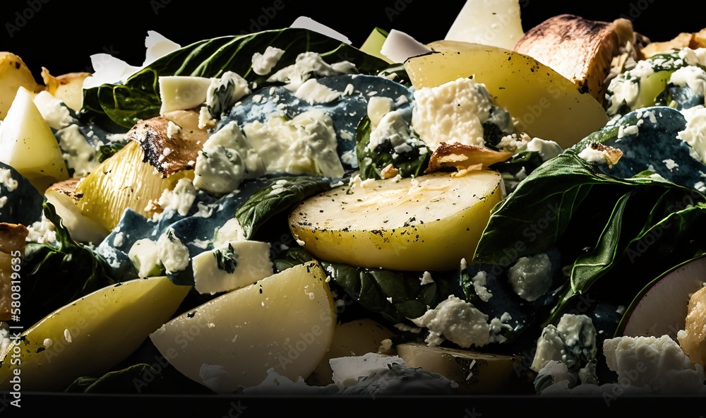 Poster a salad with spinach, potatoes, and cheese on a black background with a black border around the edge