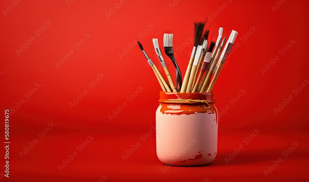 Poster a jar filled with paint brushes on a red background with a red background and a red background behin