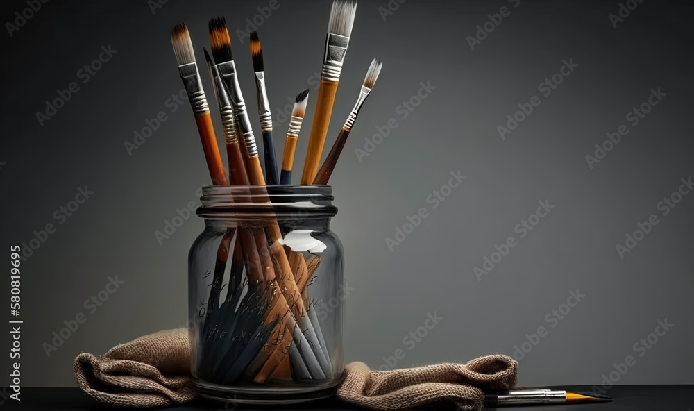 Poster a glass jar filled with lots of different colored pencils next to an apple logo on a table next to a
