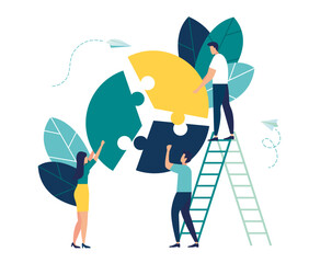 Teamwork character puzzle idea. Team metaphor. people connecting puzzle elements. Vector illustration flat design style. Symbol of teamwork, cooperation, partnership vector