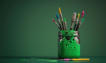  a jar filled with lots of different colored paint and a pair of pencils sitting on the floor next to it on a green surface.  generative ai