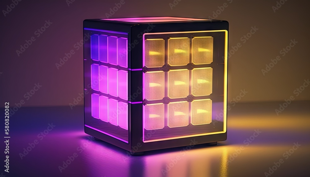 Poster a lit up cube sitting on top of a table next to a purple light on the floor and a black background w