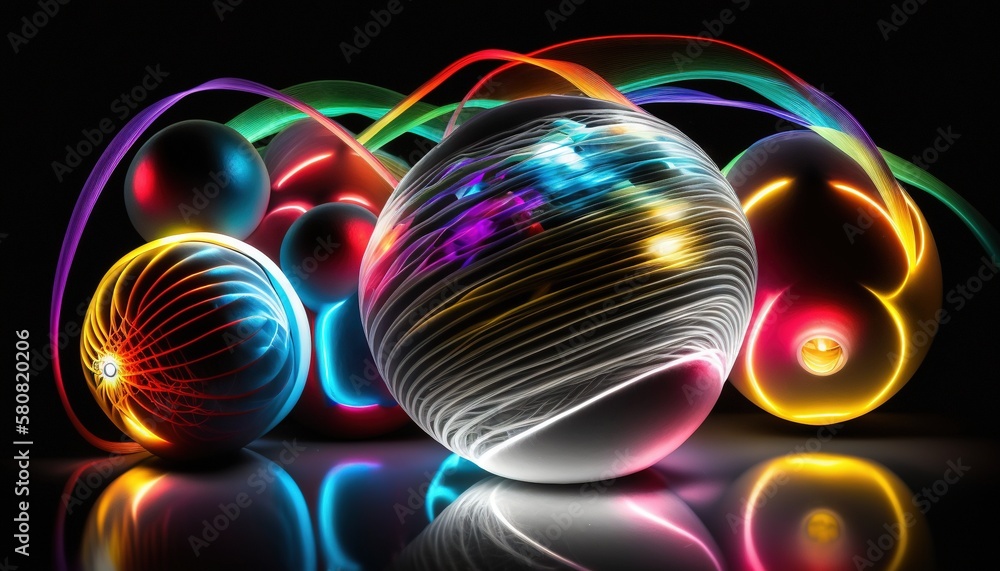 Poster a group of shiny balls sitting on top of a reflective surface in front of a black background with a 