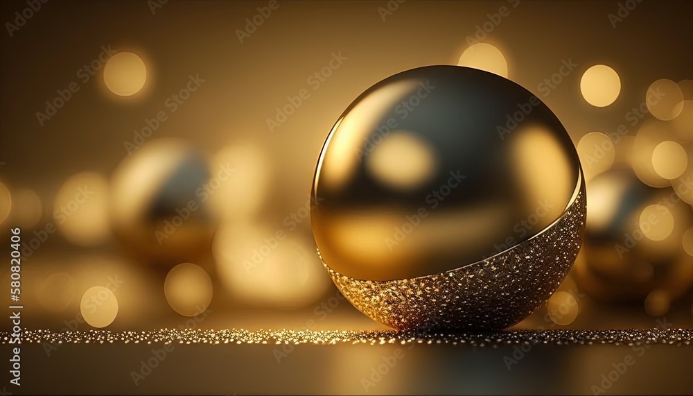 Aufkleber a shiny gold ball with some glitter around it on a black surface with gold lights behind it and a bl