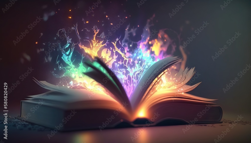 Poster an open book with a glowing light coming out of the book's pages on a dark background with a pattern