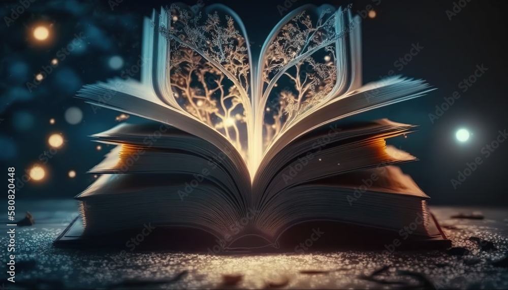 Poster an open book with a glowing light coming out of it on top of a table next to a tree and a light up l