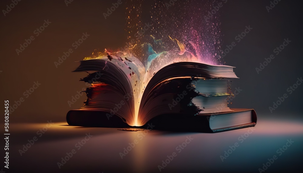 Aufkleber an open book with a glowing light coming out of it on a table top with a black background and a blac