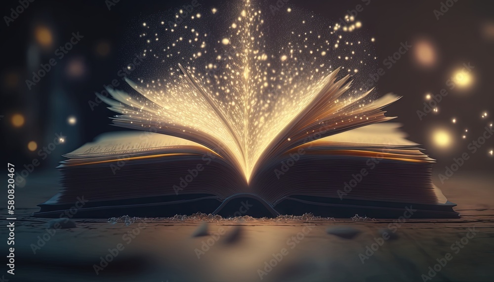 Poster an open book on a table with lights coming out of the pages of it and a sparkler coming out of the p