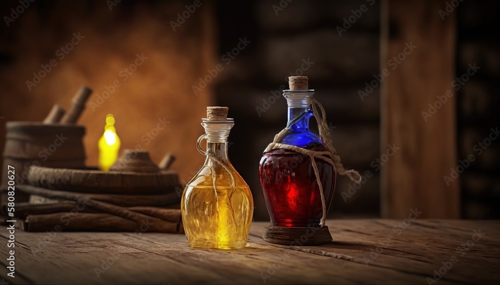 Poster  a couple of bottles that are sitting on a wooden table with some bottles in front of them and a candle in the back of the bottles.  generative ai
