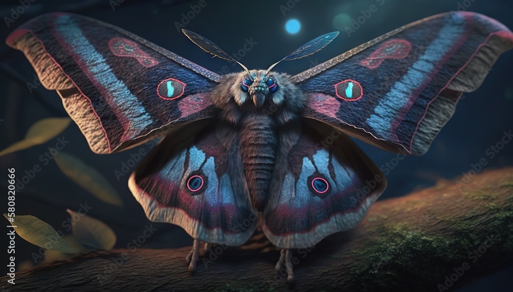 Poster a large butterfly sitting on top of a tree branch in a forest at night with bright lights on its win