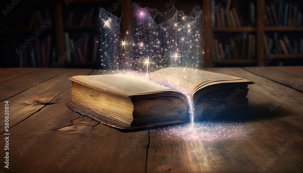 Poster an open book with a fairy light coming out of it on a wooden table in front of a bookshelf with book