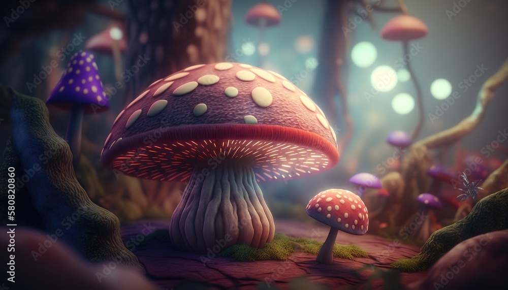 Poster a painting of a mushroom in a forest with a light shining on the mushroom and the mushroom is red an
