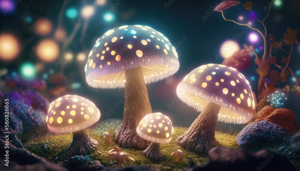 Aufkleber a group of mushrooms that are sitting in the grass with lights on them and some moss growing on the 