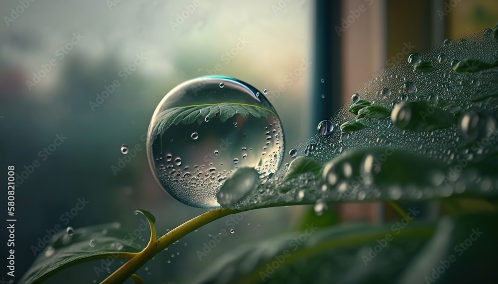 Poster a close up of a water drop on a leaf with a window in the background with raindrops on the leaves an