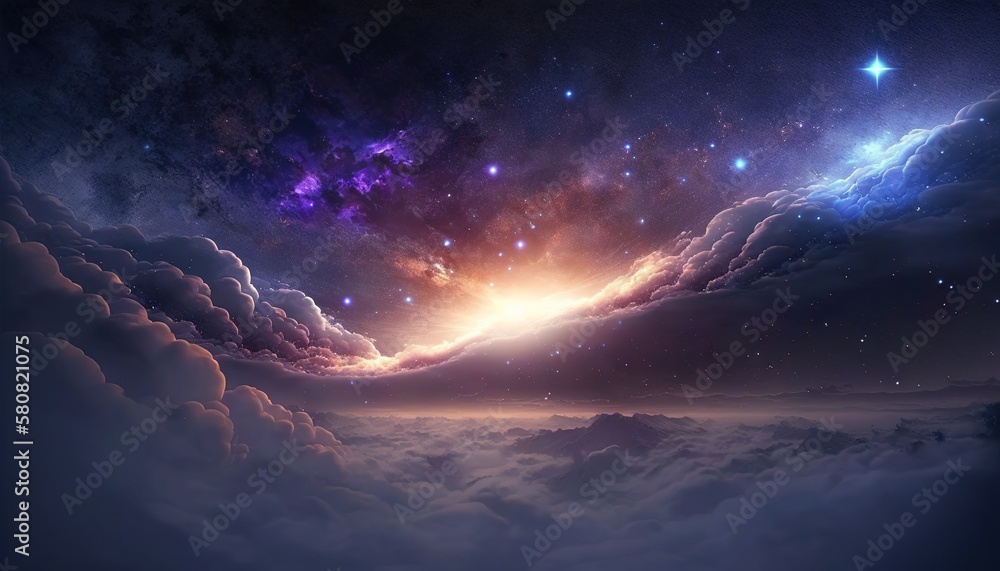 Poster a view of the sky from a distance with stars in the clouds and a bright light in the middle of the s