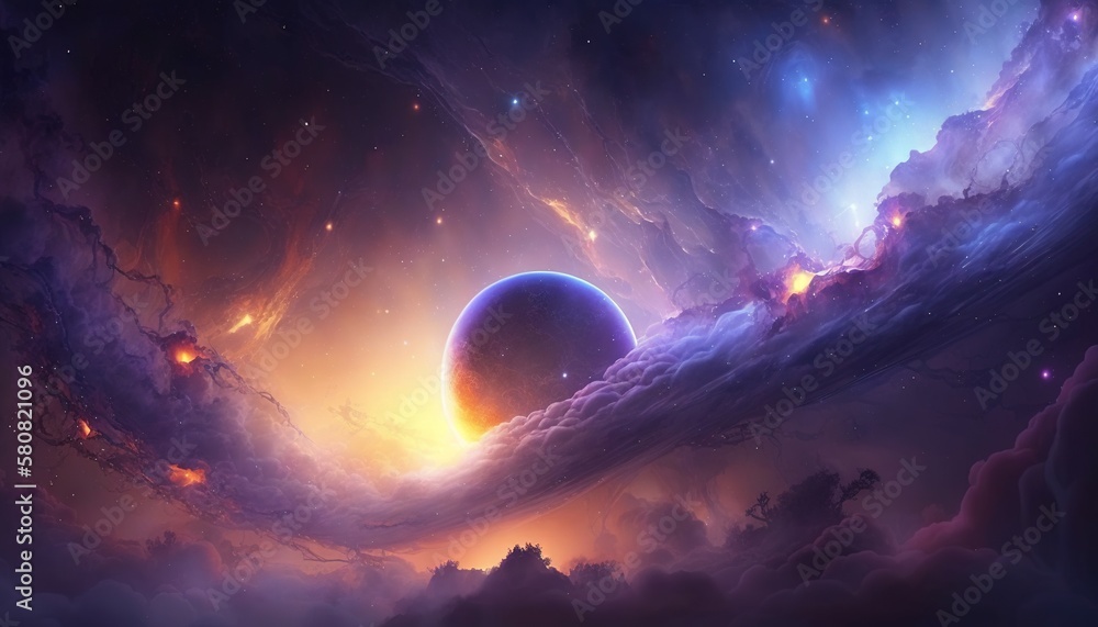 Poster an image of a space scene with planets and stars in the sky and clouds in the foreground, and a dist