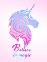 Unicorn. Vector design on a white background. Print for t-shirt. Romantic drawing of Cute pink magical unicorn
