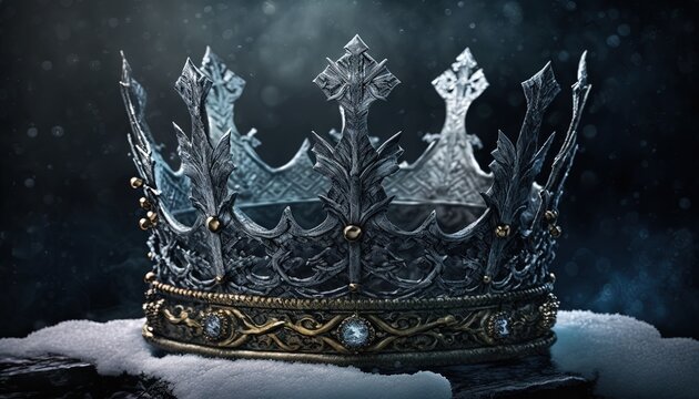  a silver crown sitting on top of a pile of snow covered ground in the dark with snow flakes on the ground and a black background.  generative ai