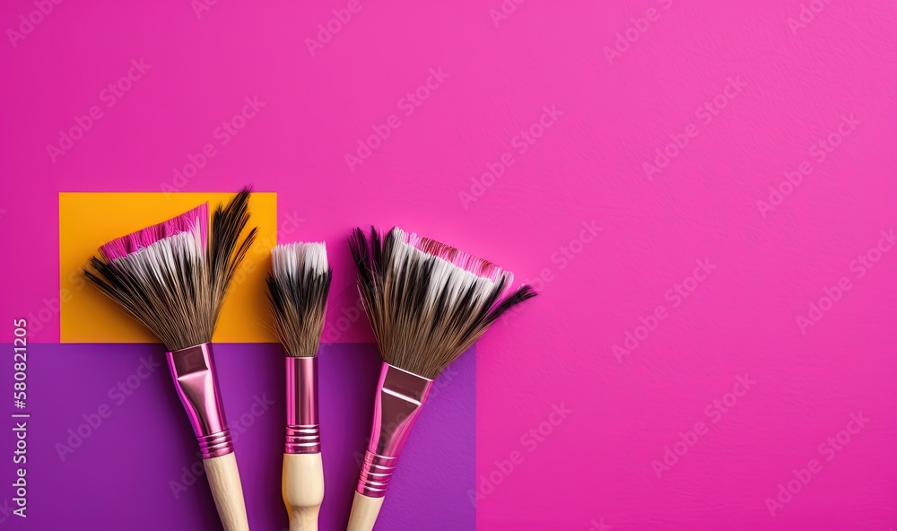 Poster three brushes on a pink and purple background with a yellow rectangle in the middle of the image and