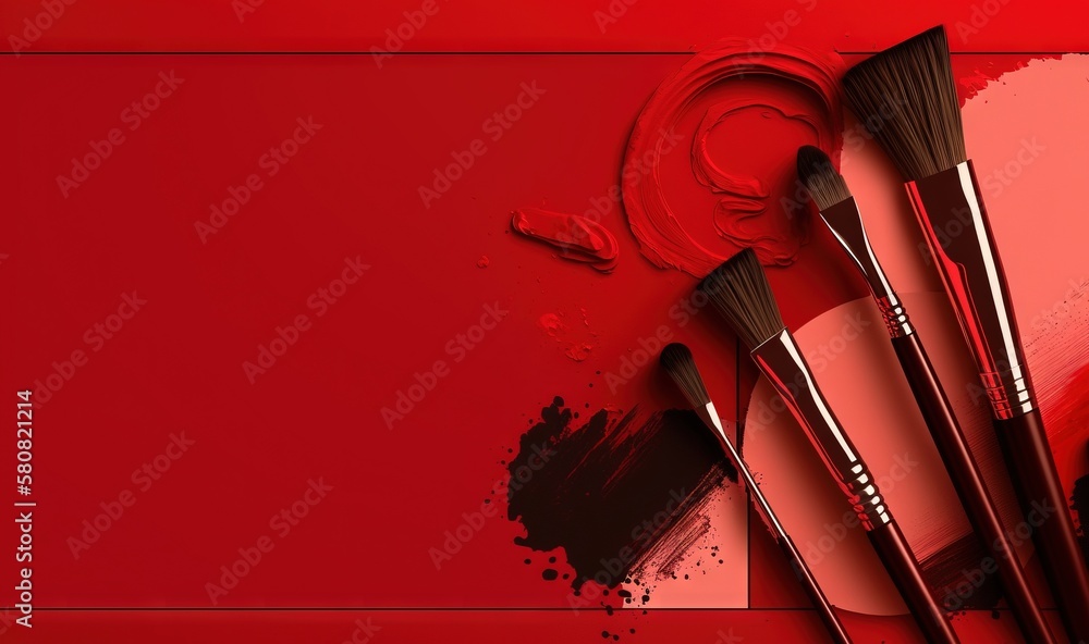 Poster a group of paint brushes sitting on top of a red table top next to a red wall with paint smudges on 